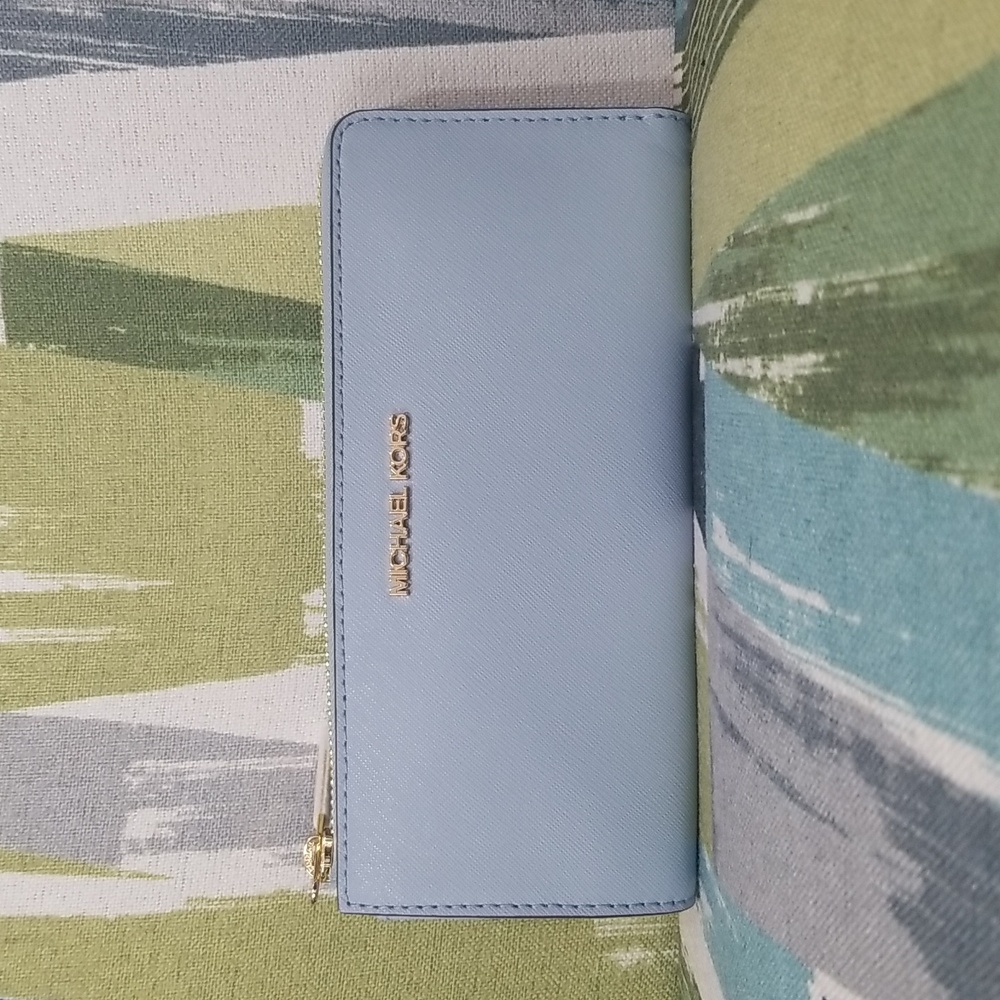 Michael Kors Pale Blue Saffiano Zip Continental Wallet with Gold Logo